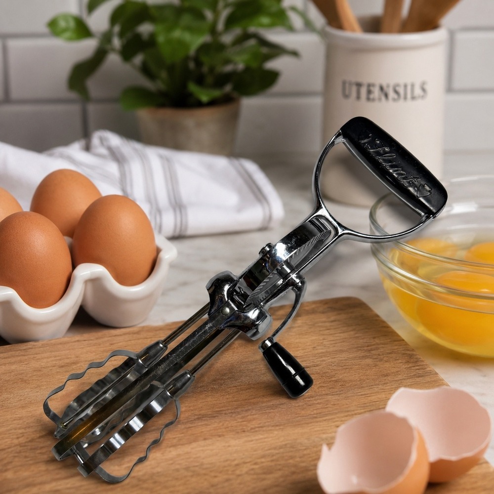 Flint Ekco Vintage Hand Crank Egg Beater Mixer Silver Black Stainless Steel MCM